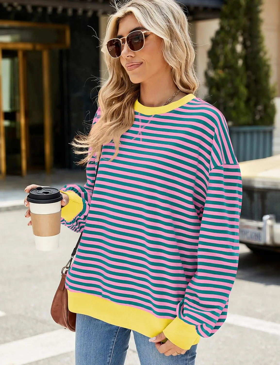 Mansy Women Oversized Striped Color Block Long Sleeve Crew Neck Sweatshirt for Teen Girls Pullover Y2K Shirt Tops 2024