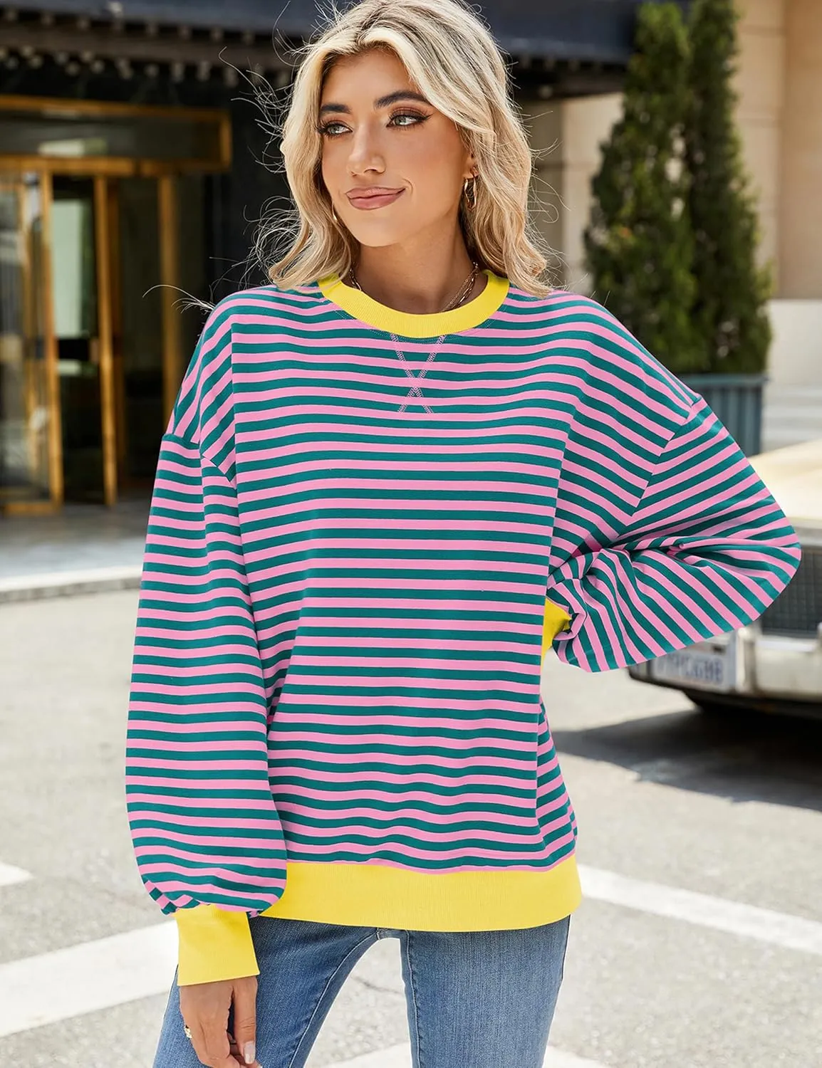 Mansy Women Oversized Striped Color Block Long Sleeve Crew Neck Sweatshirt for Teen Girls Pullover Y2K Shirt Tops 2024