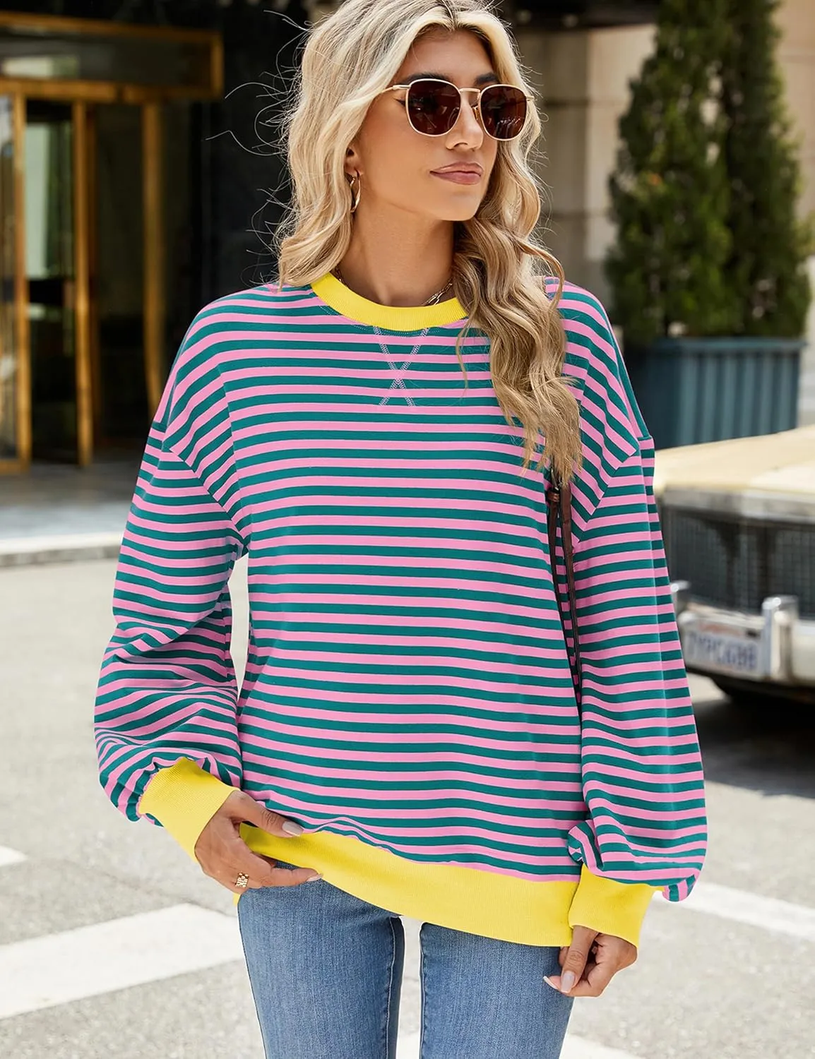 Mansy Women Oversized Striped Color Block Long Sleeve Crew Neck Sweatshirt for Teen Girls Pullover Y2K Shirt Tops 2024