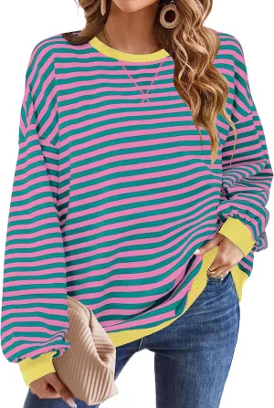 Mansy Women Oversized Striped Color Block Long Sleeve Crew Neck Sweatshirt for Teen Girls Pullover Y2K Shirt Tops 2024