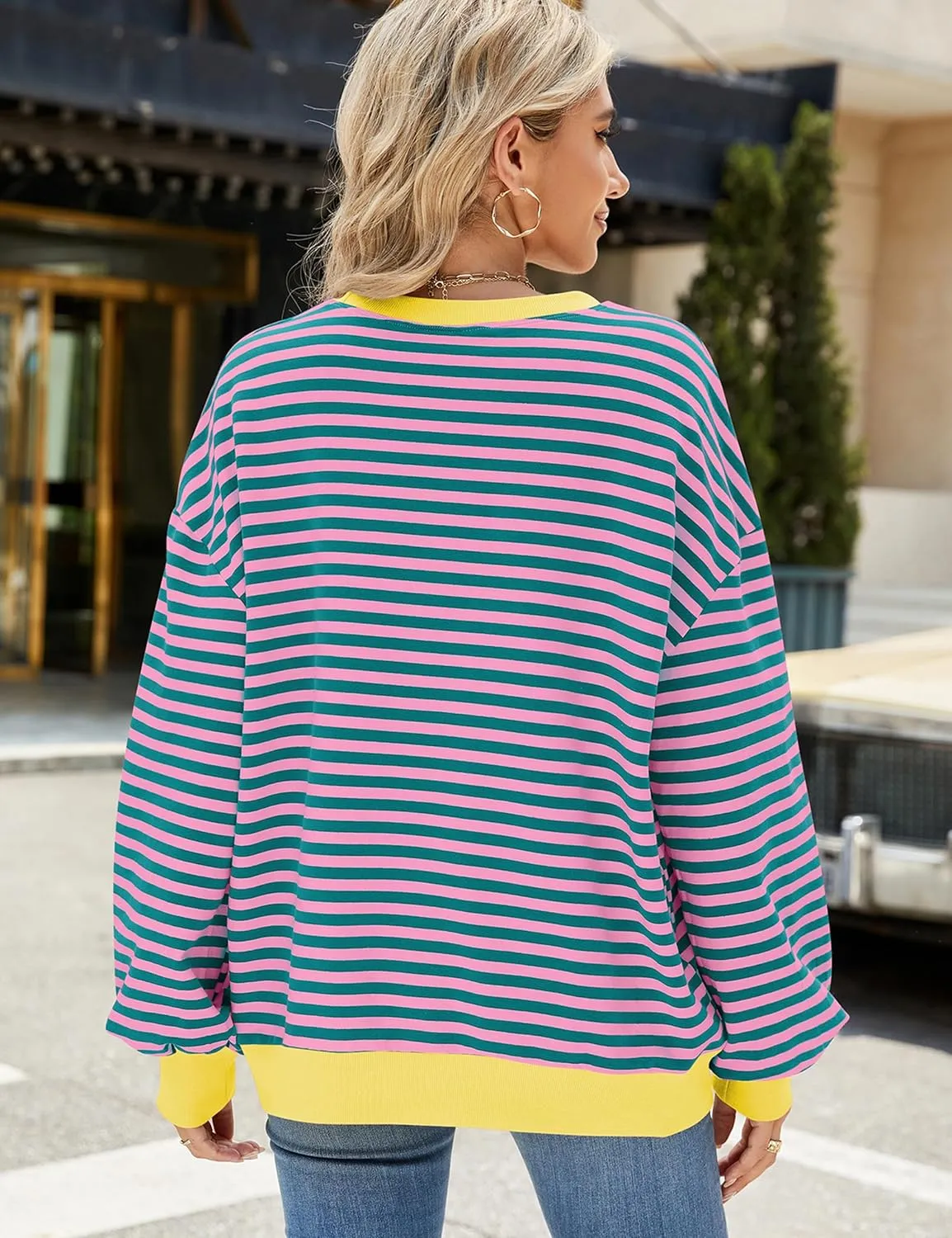Mansy Women Oversized Striped Color Block Long Sleeve Crew Neck Sweatshirt for Teen Girls Pullover Y2K Shirt Tops 2024