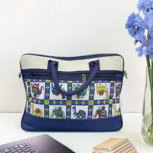 Maresse Blue Rajasthani Print Jute Office Bag for Men and Women - Professional 16 Inch Laptop Bag with Detachable Strap - Eco-Friendly and Stylish Briefcase for Work, Travel and Everyday Use., Blue, L