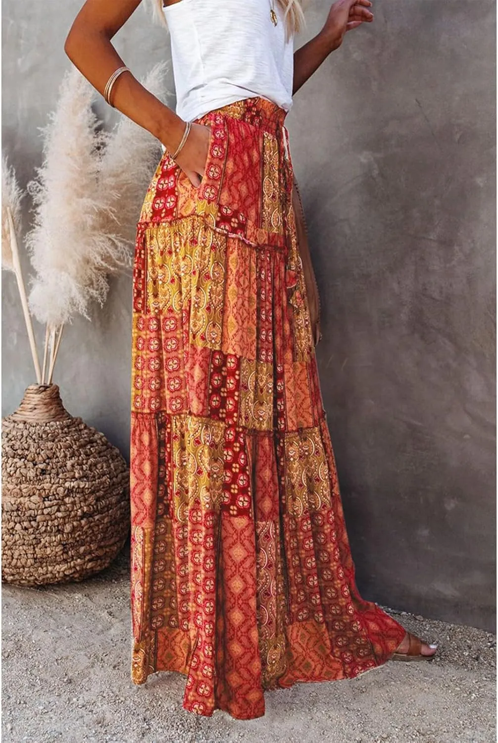 Maxi Boho Skirts for Women 2025 Drawstring High Waisted Tiered Flowy Long Skirt Casual Bohemian A-Line Beach Skirt
