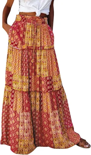 Maxi Boho Skirts for Women 2025 Drawstring High Waisted Tiered Flowy Long Skirt Casual Bohemian A-Line Beach Skirt