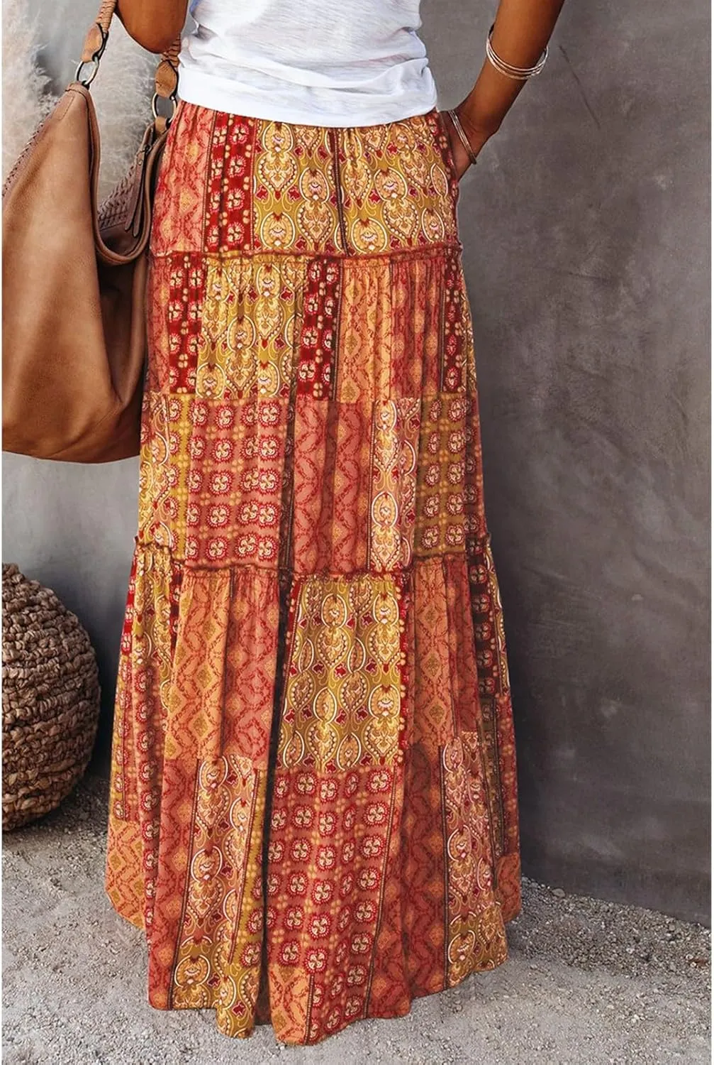 Maxi Boho Skirts for Women 2025 Drawstring High Waisted Tiered Flowy Long Skirt Casual Bohemian A-Line Beach Skirt