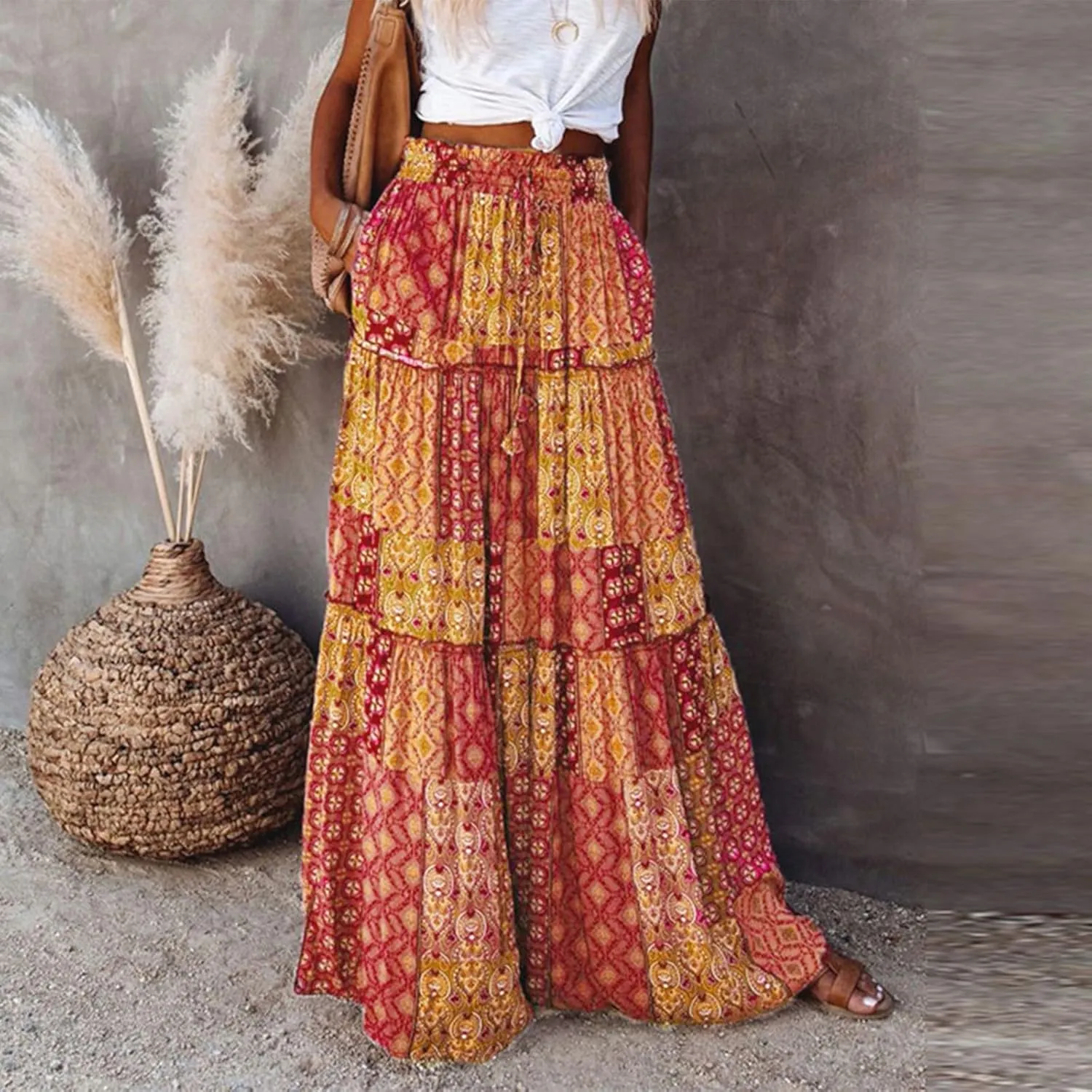 Maxi Boho Skirts for Women 2025 Drawstring High Waisted Tiered Flowy Long Skirt Casual Bohemian A-Line Beach Skirt