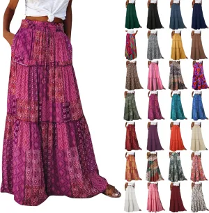 Maxi Boho Skirts for Women 2025 Drawstring High Waisted Tiered Flowy Long Skirt Casual Bohemian A-Line Beach Skirt