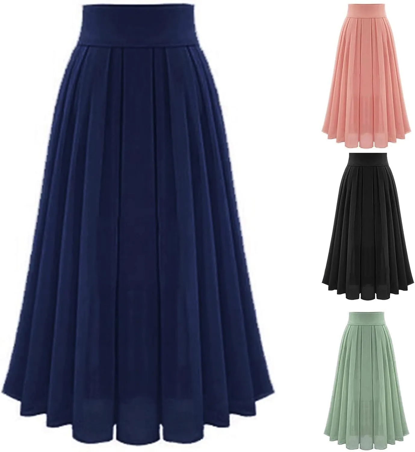 Maxi Skirts for Women Elastic High Waist Pleated Chiffon Skirt Solid Color A-Line Flared Swing Ruffle Skirts