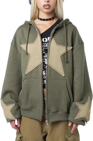 Meiweileya Womens Y2k Zip Up Vintage Star Graphic Oversized Hoodies Goth Skeleton Spider Print Sweatshirts