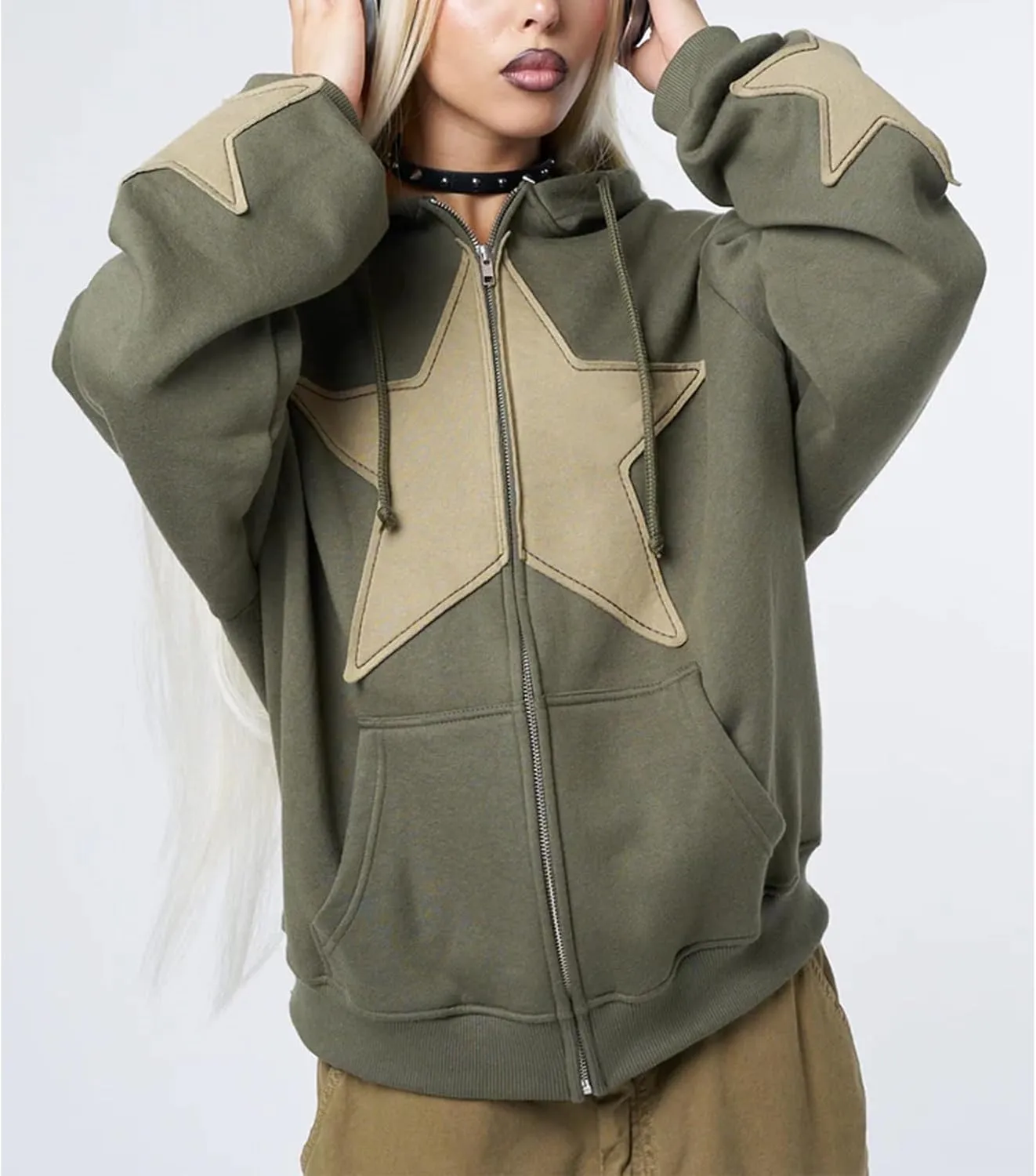 Meiweileya Womens Y2k Zip Up Vintage Star Graphic Oversized Hoodies Goth Skeleton Spider Print Sweatshirts