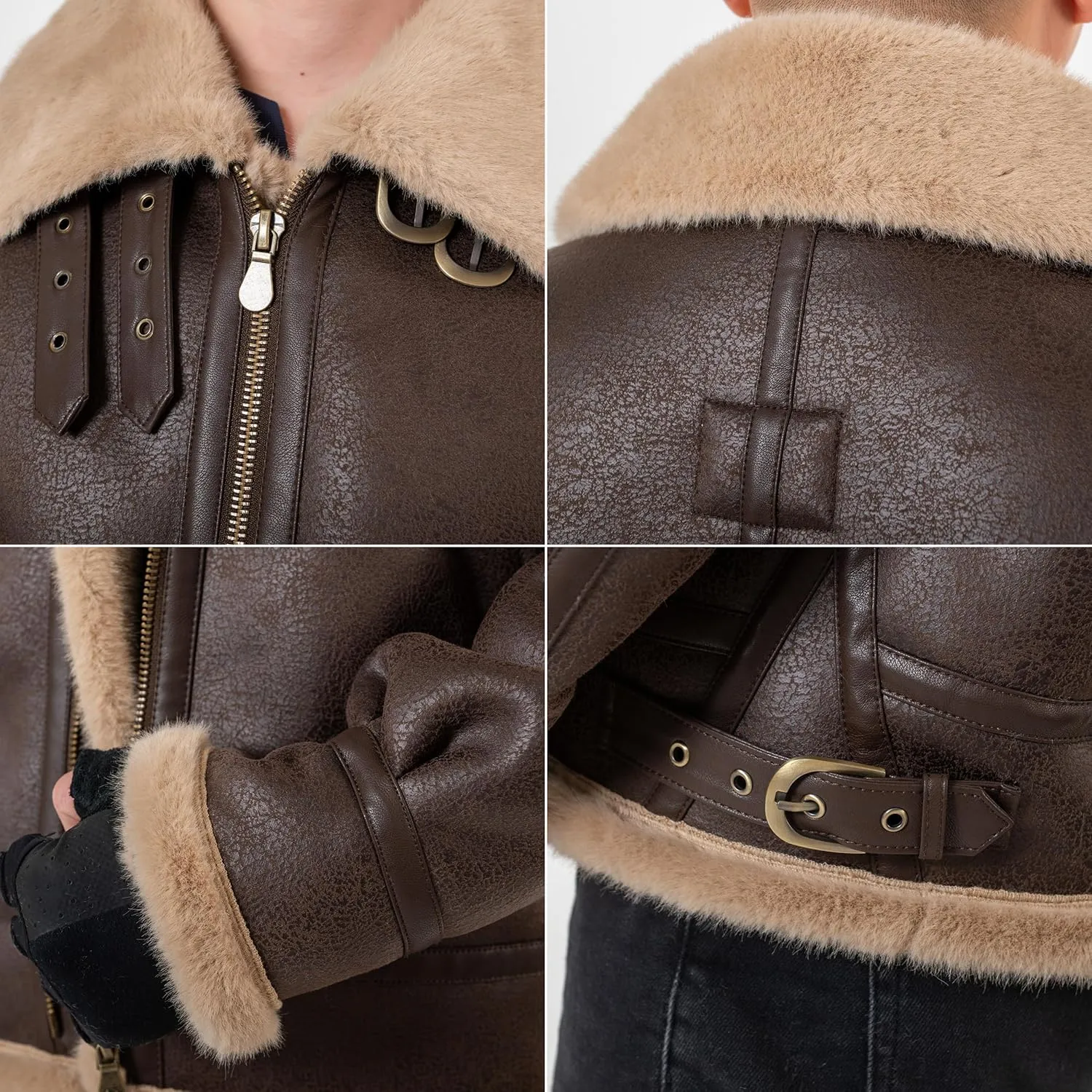 Men Brown Leather Jacket Motorcycle Bomber Coat Cosplay Costume Winter Coat Outfit XS-3XL