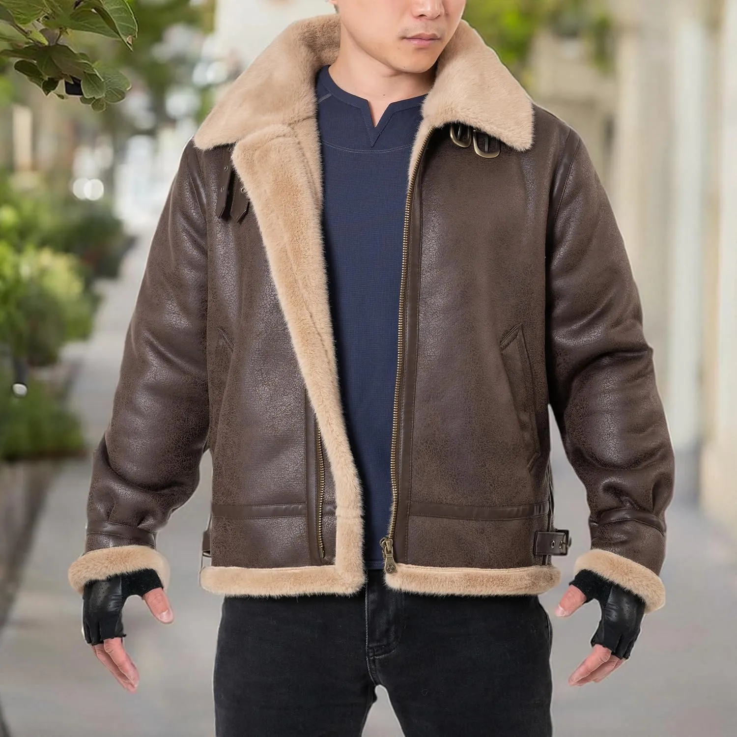 Men Brown Leather Jacket Motorcycle Bomber Coat Cosplay Costume Winter Coat Outfit XS-3XL