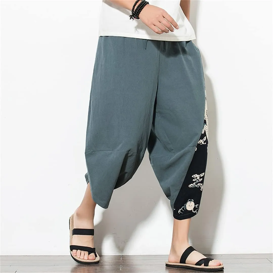 Men Harajuku Harem Pants Cotton Joggers Calf-Length Pants Vintage Chinese Style Print Trousers