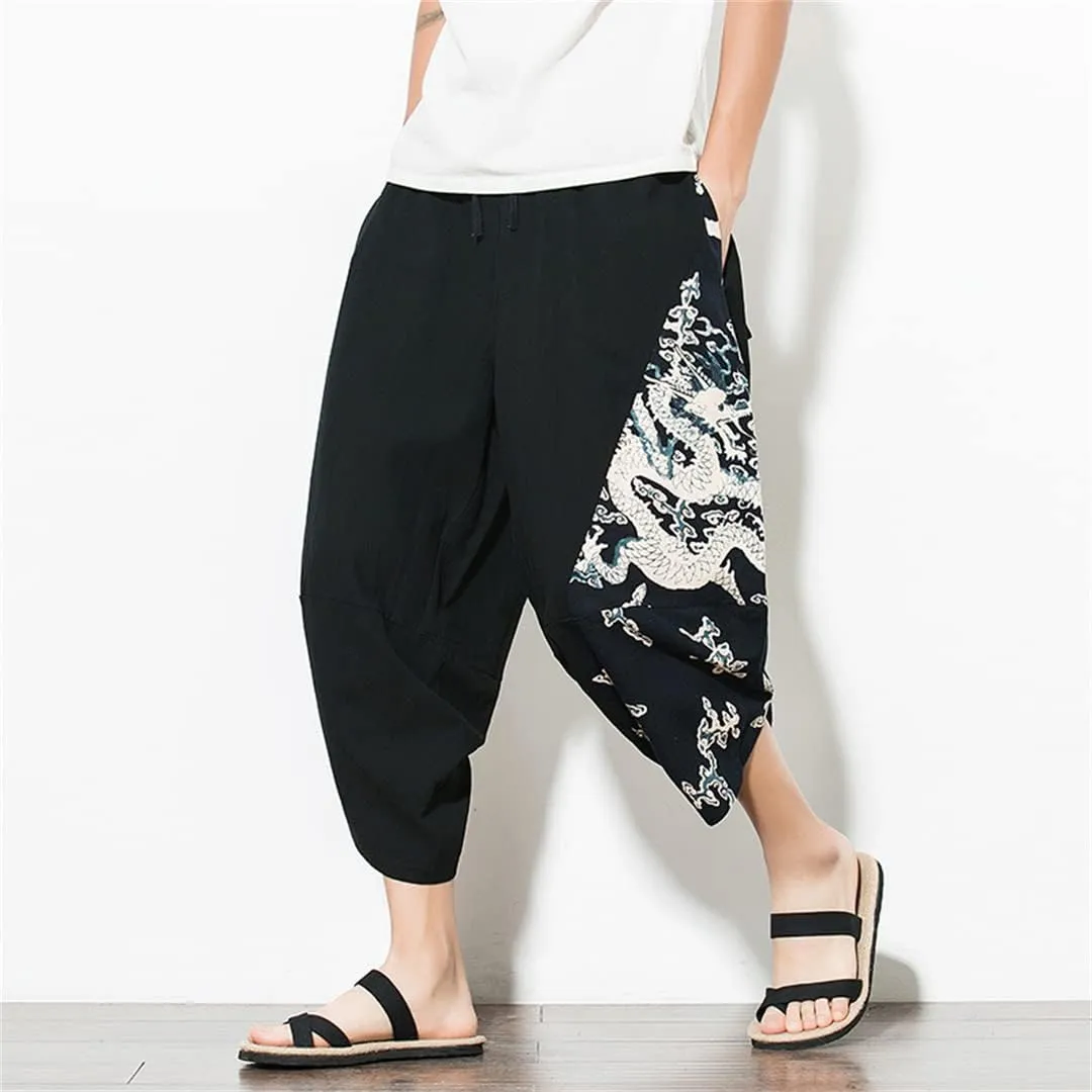 Men Harajuku Harem Pants Cotton Joggers Calf-Length Pants Vintage Chinese Style Print Trousers