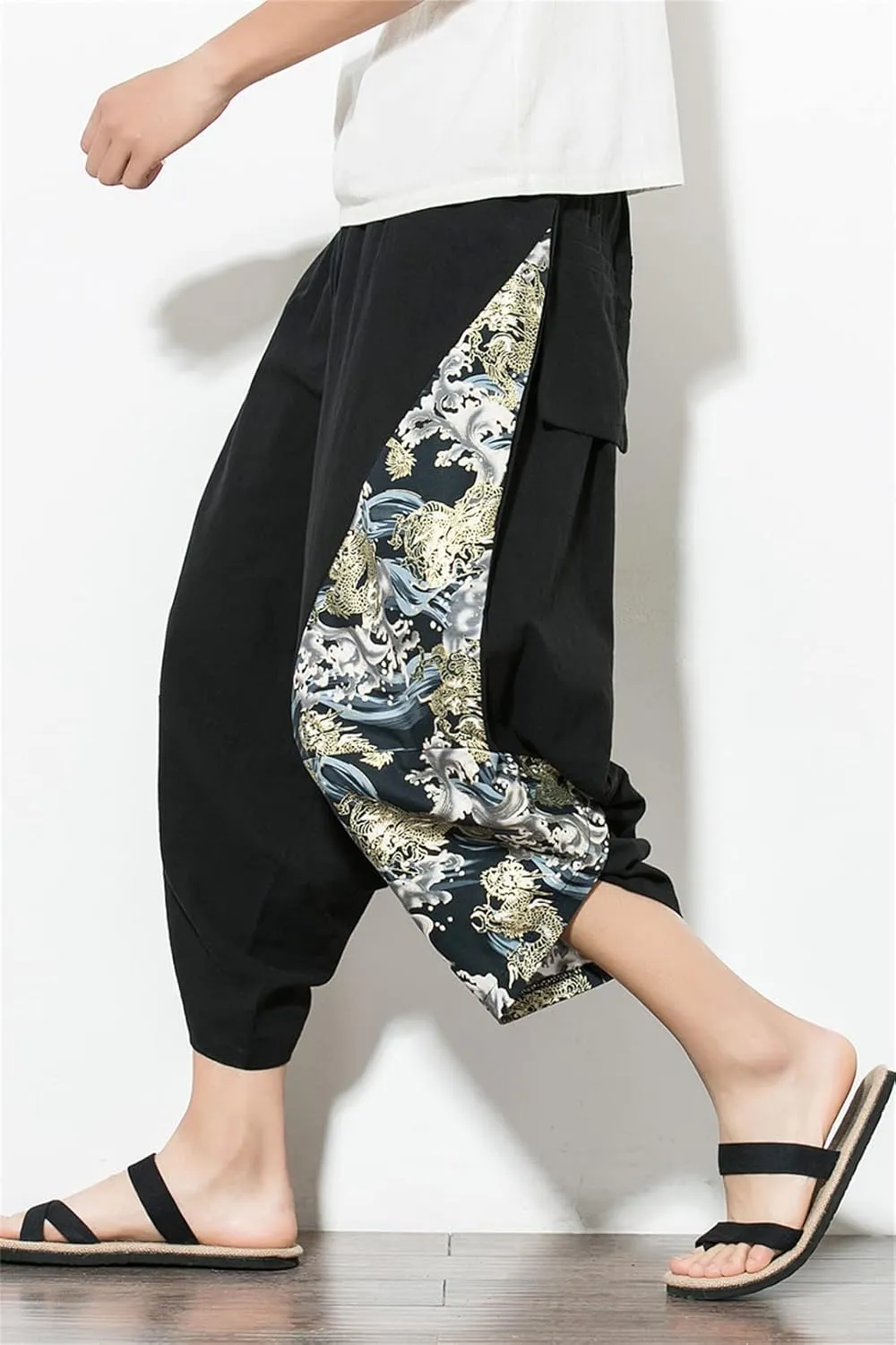 Men Harajuku Harem Pants Cotton Joggers Calf-Length Pants Vintage Chinese Style Print Trousers
