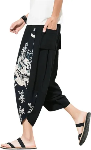 Men Harajuku Harem Pants Cotton Joggers Calf-Length Pants Vintage Chinese Style Print Trousers