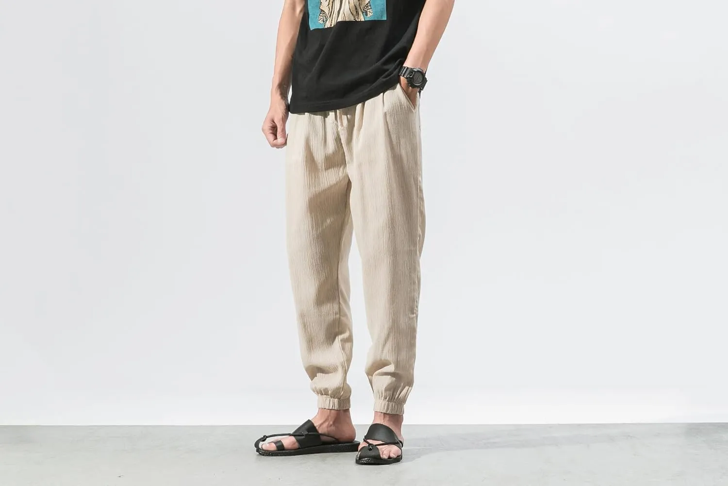 Men Linen Baggy Japanese Pants Fashion Streetwear Harem Pants with Pockets