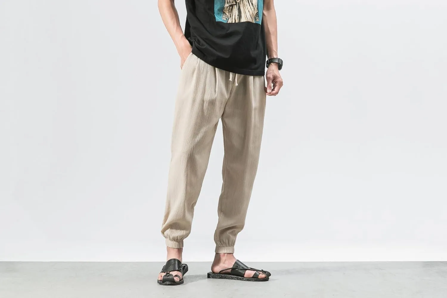 Men Linen Baggy Japanese Pants Fashion Streetwear Harem Pants with Pockets