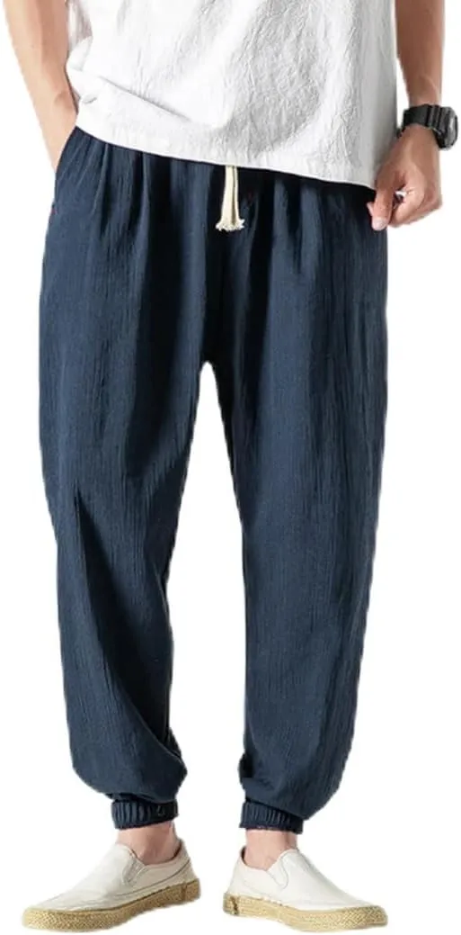 Men Linen Baggy Japanese Pants Fashion Streetwear Harem Pants with Pockets