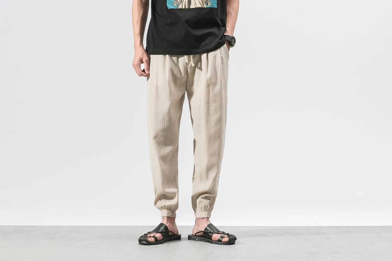Men Linen Baggy Japanese Pants Fashion Streetwear Harem Pants with Pockets