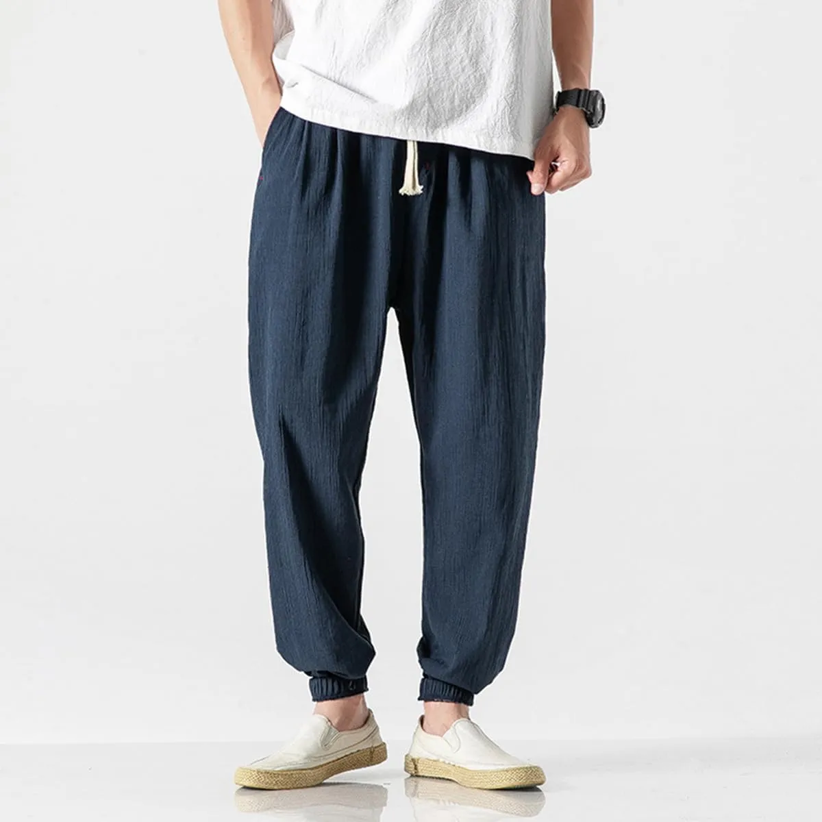 Men Linen Baggy Japanese Pants Fashion Streetwear Harem Pants with Pockets