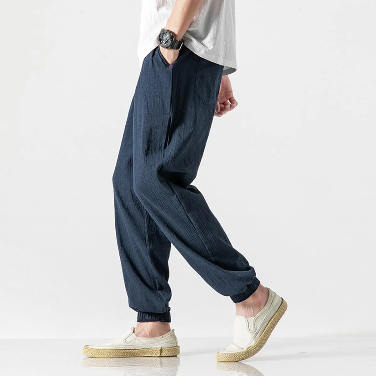 Men Linen Baggy Japanese Pants Fashion Streetwear Harem Pants with Pockets