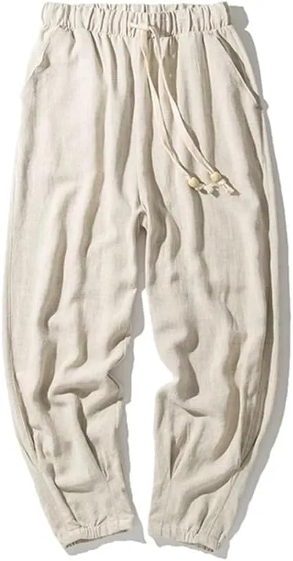 Men Wide Leg Harem Pants Harajuku Style Cotton Linen Casual Pants Vintage Loose Trousers