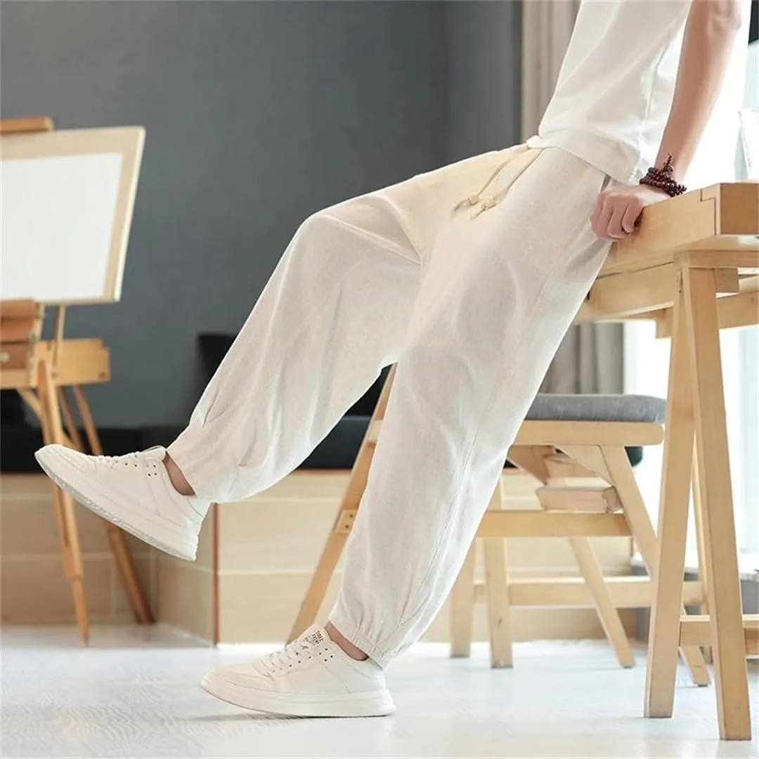 Men Wide Leg Harem Pants Harajuku Style Cotton Linen Casual Pants Vintage Loose Trousers