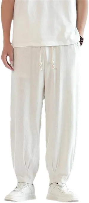 Men Wide Leg Harem Pants Harajuku Style Cotton Linen Casual Pants Vintage Loose Trousers