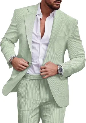 Mens 2-Piece Seersucker Suit Men Beach Wedding Casual Prom Summer Wear Striped Blazer and Pants