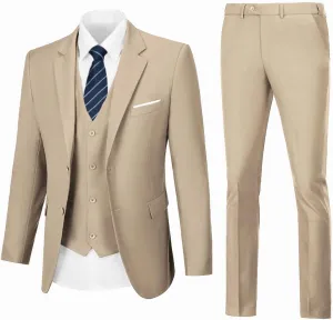 Mens 3 Piece Slim Fit Suit Set, 2 Button Solid Blazer Jacket Vest Pants Business Tuxedo