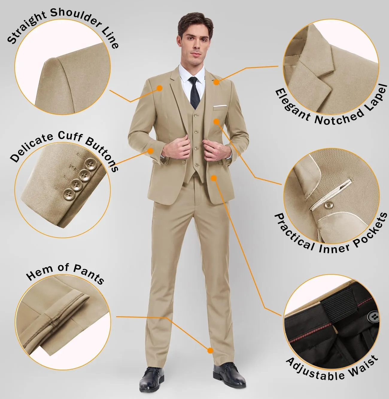 Mens 3 Piece Slim Fit Suit Set, 2 Button Solid Blazer Jacket Vest Pants Business Tuxedo