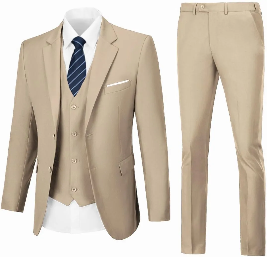 Mens 3 Piece Slim Fit Suit Set, 2 Button Solid Blazer Jacket Vest Pants Business Tuxedo