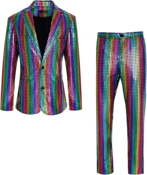 Mens 70s Disco Outfits Set Shiny Sequin Suit and Pants Halloween Costume
