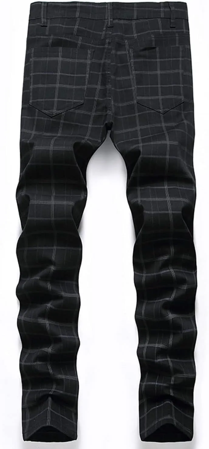 Mens Casual Plaid Chino Pants Fashion Lightweight Flat-Front Stretch Skinny Slim Fit Business Dress Pants