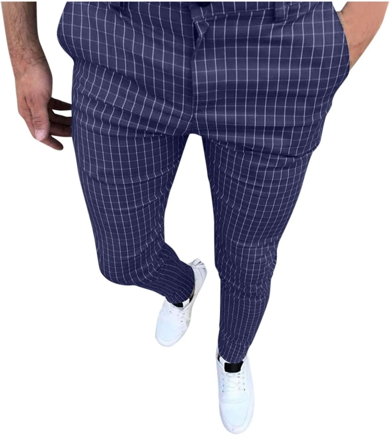 Mens Chinos Slim Fit Stretch Flat-Front Skinny Dress Pants, Plaid Print Zipper Up Long Lightweight Pants Trousers