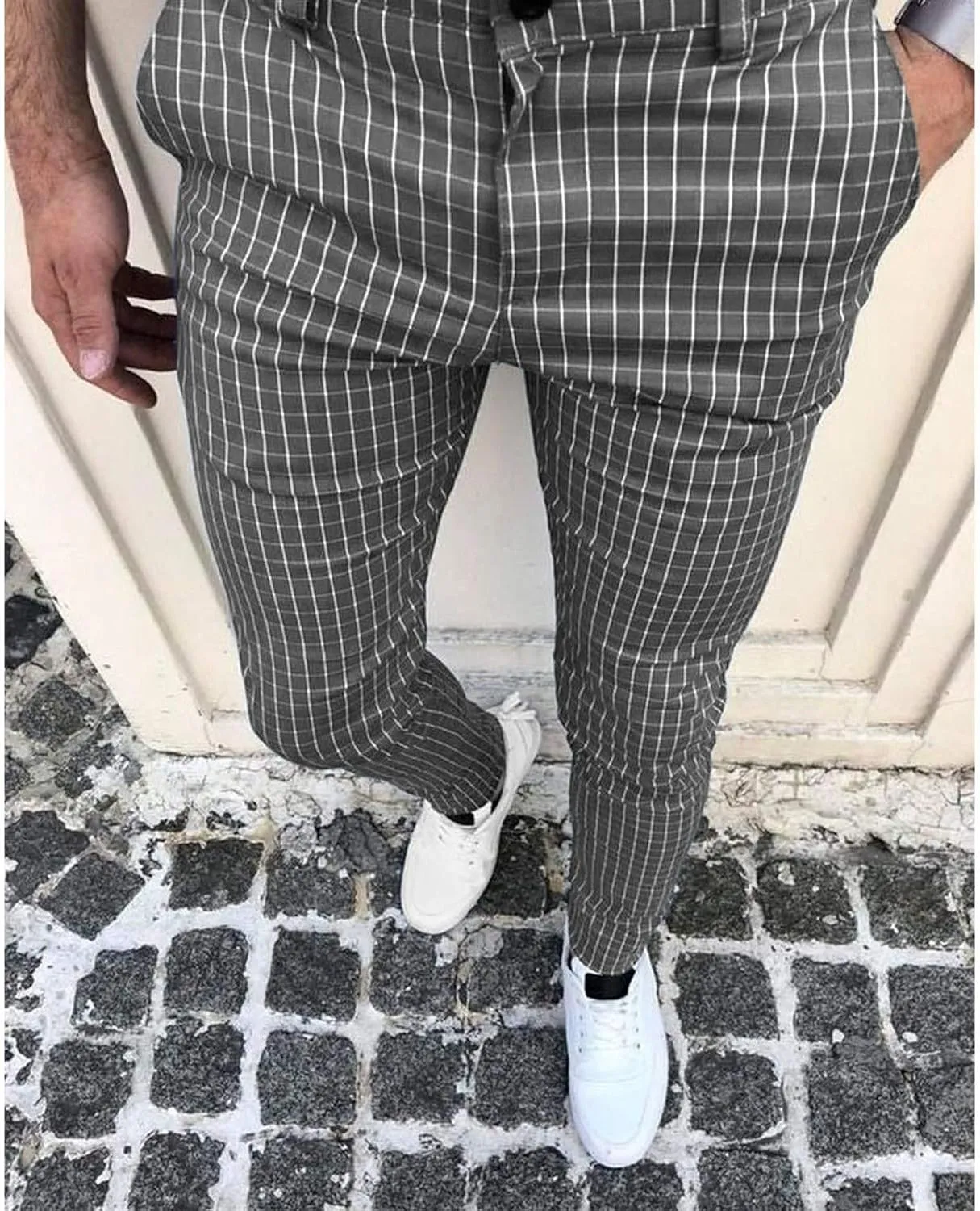 Mens Chinos Slim Fit Stretch Flat-Front Skinny Dress Pants, Plaid Print Zipper Up Long Lightweight Pants Trousers