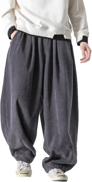 Men's Corduroy Harem Pants Drawstring Stretch Waist Loose Pants Wide Leg Baggy Tapered Trouser