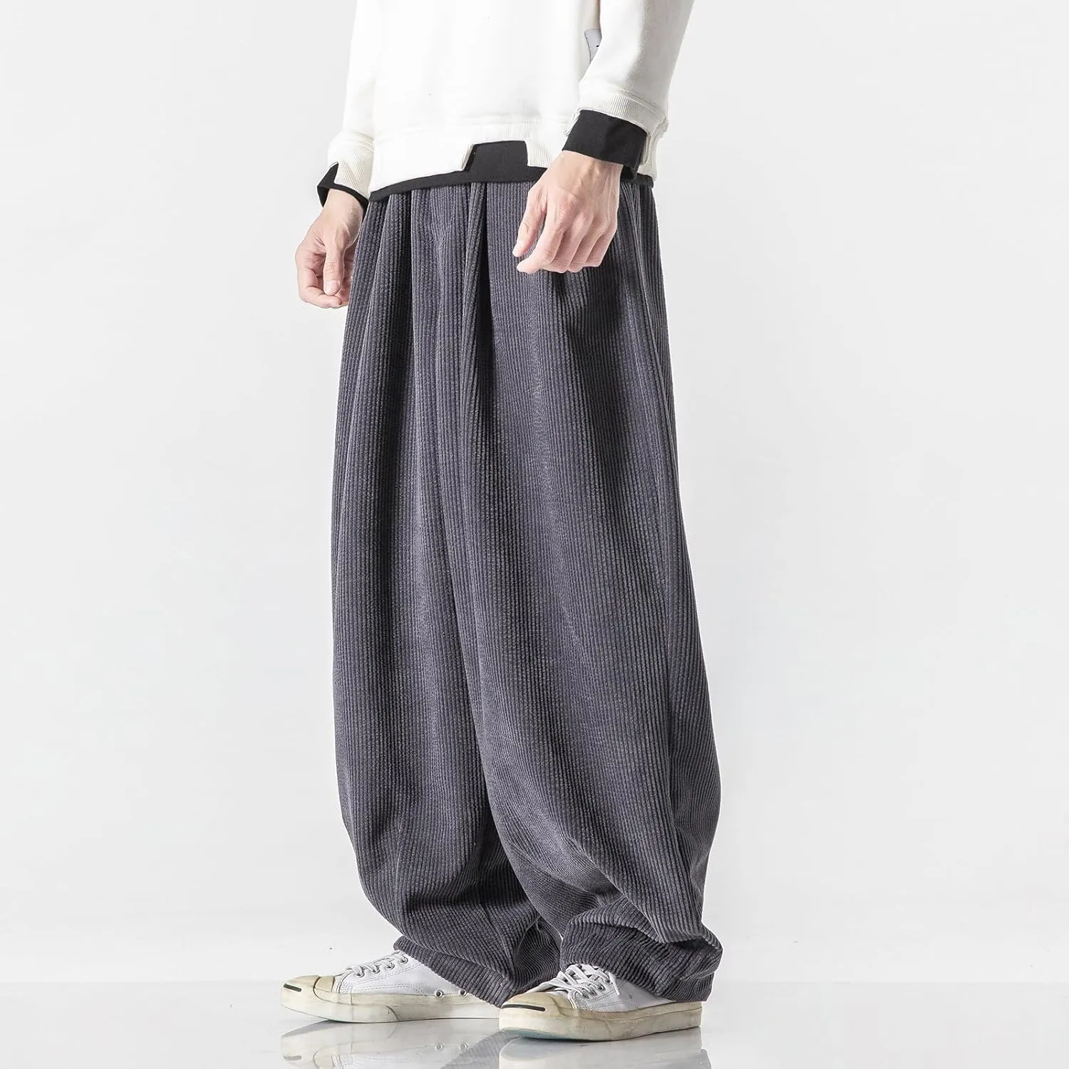 Men's Corduroy Harem Pants Drawstring Stretch Waist Loose Pants Wide Leg Baggy Tapered Trouser