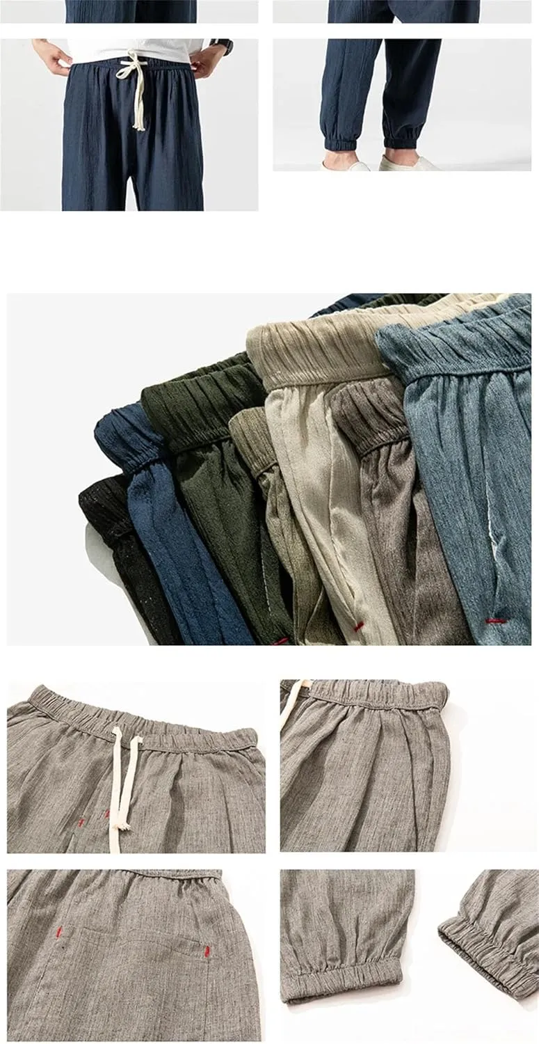 Mens Cotton Linen Casual Harem Pants Men Joggers Men Summer Trousers Chinese Style Baggy Pants