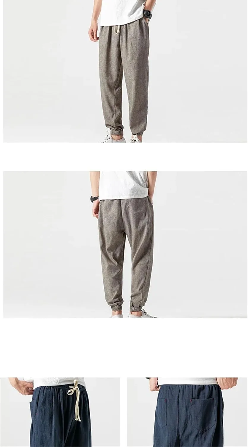 Mens Cotton Linen Casual Harem Pants Men Joggers Men Summer Trousers Chinese Style Baggy Pants