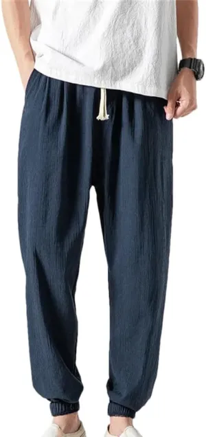 Mens Cotton Linen Casual Harem Pants Men Joggers Men Summer Trousers Chinese Style Baggy Pants