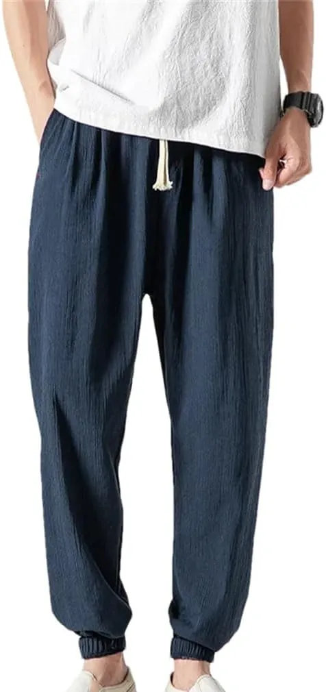 Mens Cotton Linen Casual Harem Pants Men Joggers Men Summer Trousers Chinese Style Baggy Pants