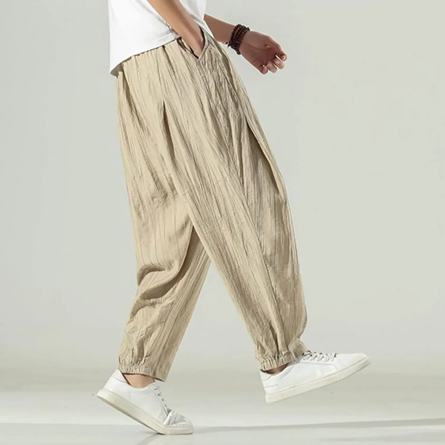 Mens Cotton Linen Hippie Harem Pants Baggy Linen Boho Yoga Pants Loose Casual Drop Crotch Trouser Drawstring Waist Sweatpants