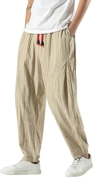 Mens Cotton Linen Hippie Harem Pants Baggy Linen Boho Yoga Pants Loose Casual Drop Crotch Trouser Drawstring Waist Sweatpants