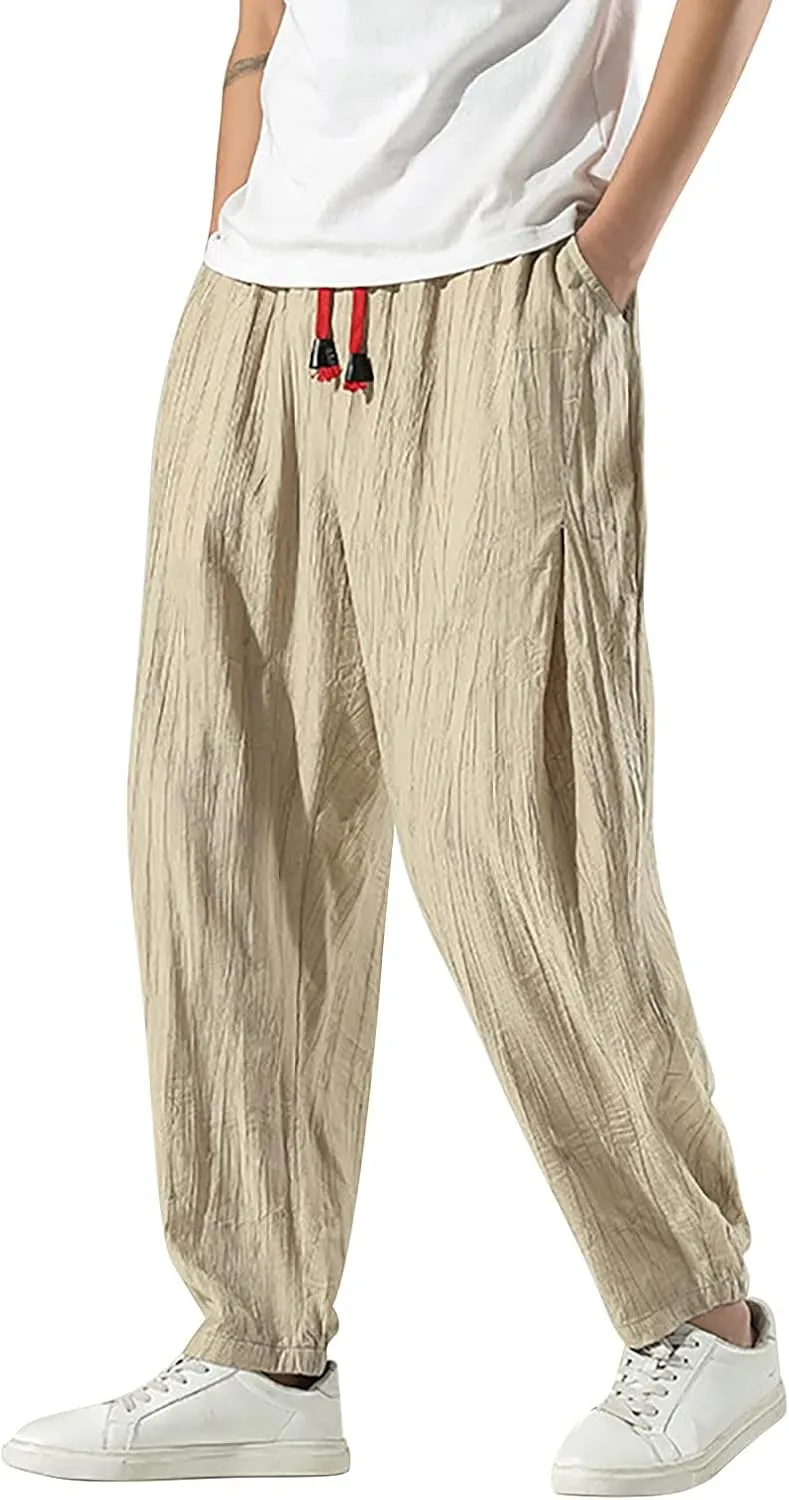 Mens Cotton Linen Hippie Harem Pants Baggy Linen Boho Yoga Pants Loose Casual Drop Crotch Trouser Drawstring Waist Sweatpants