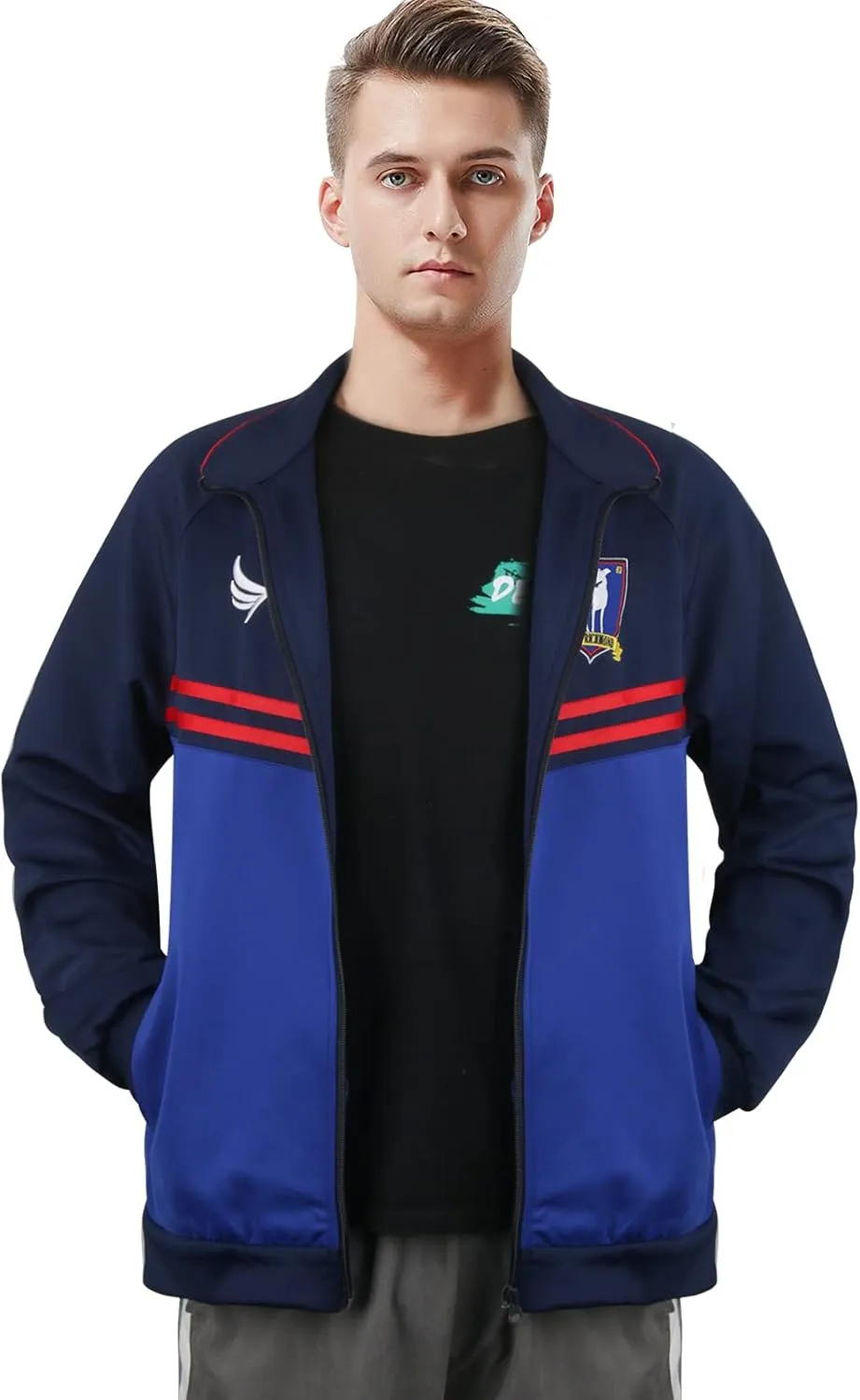 Mens Football Coach Costume Blue Jacket Pants Tracksuit Coat Soccer Suit Sportswear Training Halloween Cosplay Outfit