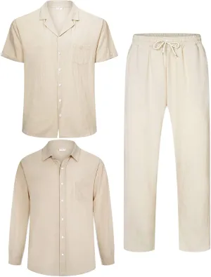 Men's Linen Sets Outfits: 3 Piece Beach Button Down Shirts Casual Loose Pants Short Sleeve Walking Suits Khaki