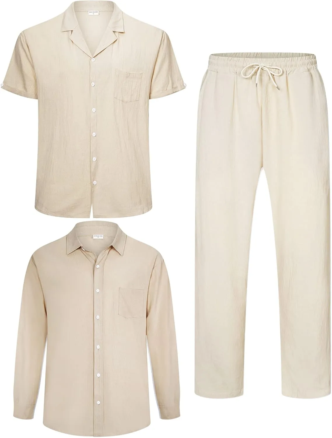 Men's Linen Sets Outfits: 3 Piece Beach Button Down Shirts Casual Loose Pants Short Sleeve Walking Suits Khaki