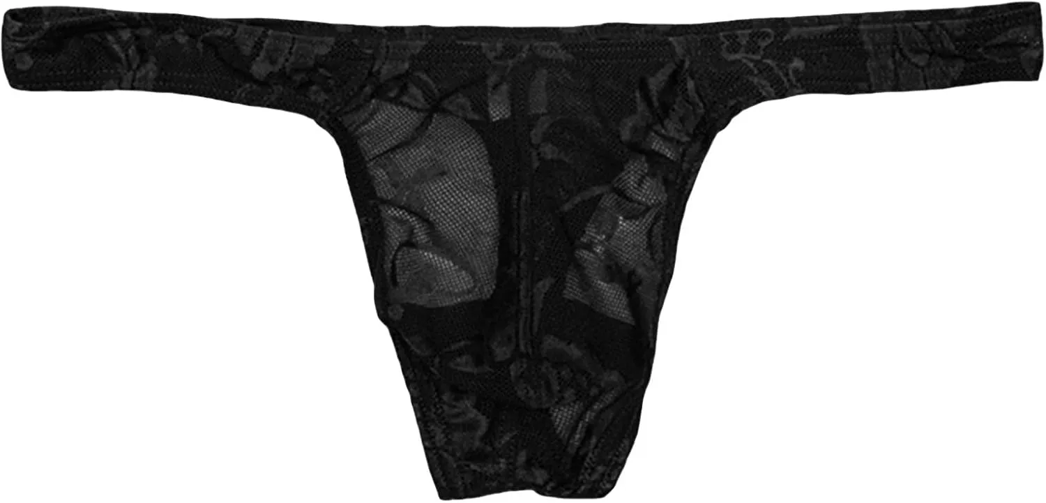 Men's Nylon Briefs G-String Thongs Sexy Lace Underwear T-Back Shorts Mesh Low Waist Transparent Nightwear